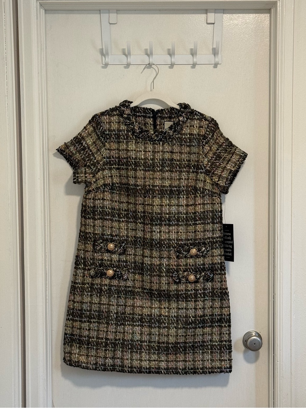 Tuckernuck Gold & Gray Tweed Mini Shift Dress Gold Buttons NWT Size M